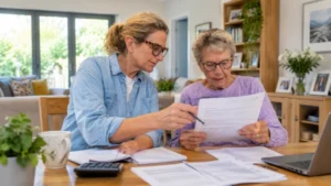 Elderly woman reviewing financial paperwork with assistance from another woman at home