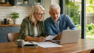 Retired UK couple reviewing pension and annuity options on a laptop