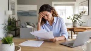 Stressed woman reviewing financial documents at home.