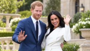 Waving couple outdoors