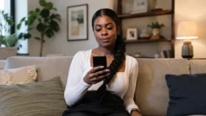 Woman checking a smartphone at home as Revolut user account fraud in Jersey raises concerns after customers reportedly lost £180,000 in four weeks
