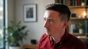 Young man looking concerned indoors while reviewing information linked to Revolut user account fraud in Jersey and recent scam reports