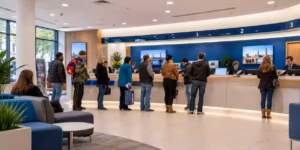 Nationwide bank customers queueing indoors